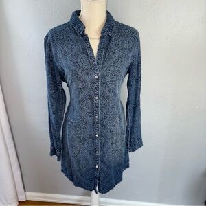 Anthropologie Cloth & Stone Blue Printed Tie Waist Denim Long Sleeve Dress